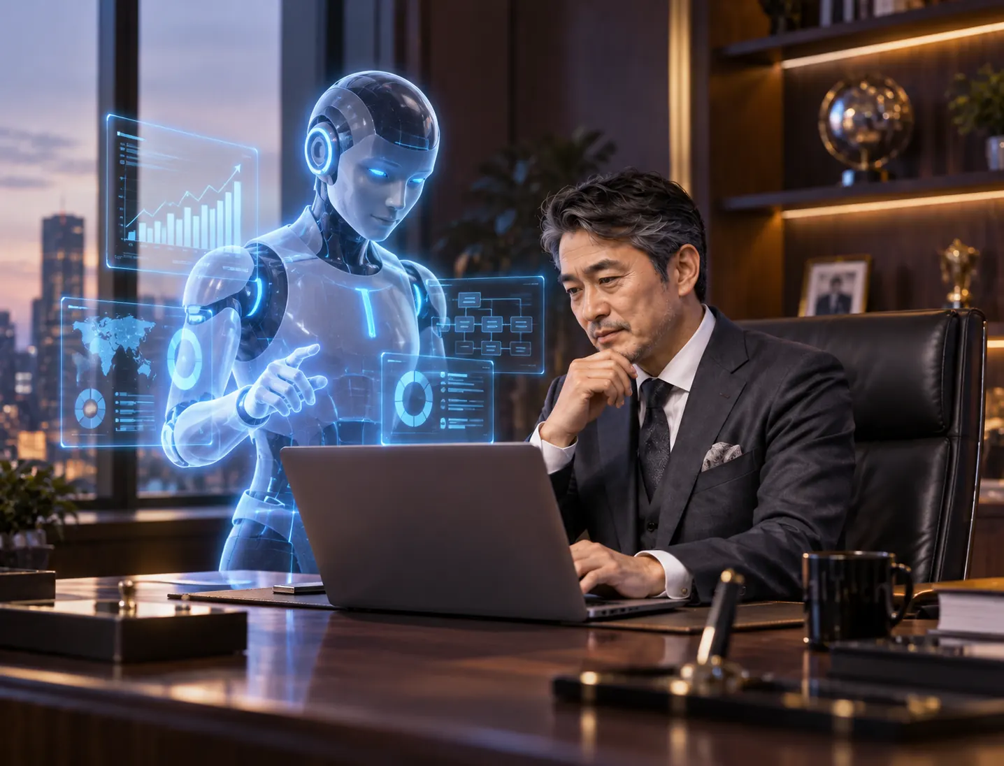 オフィスでAIと並んでノートPCに向かい、考えを巡らせる経営者