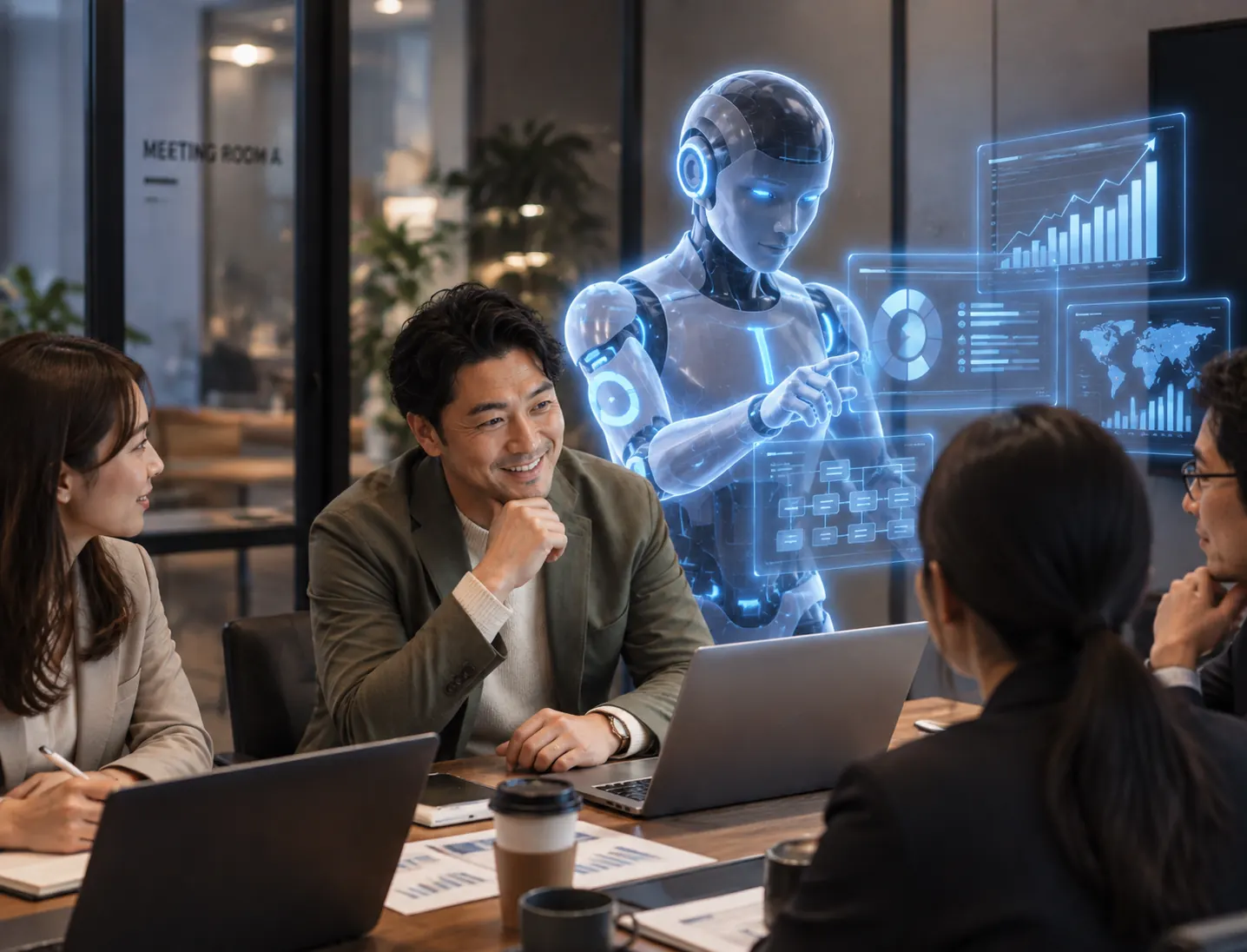 会議室でAIの提示するデータを見ながら打ち合わせをするチーム