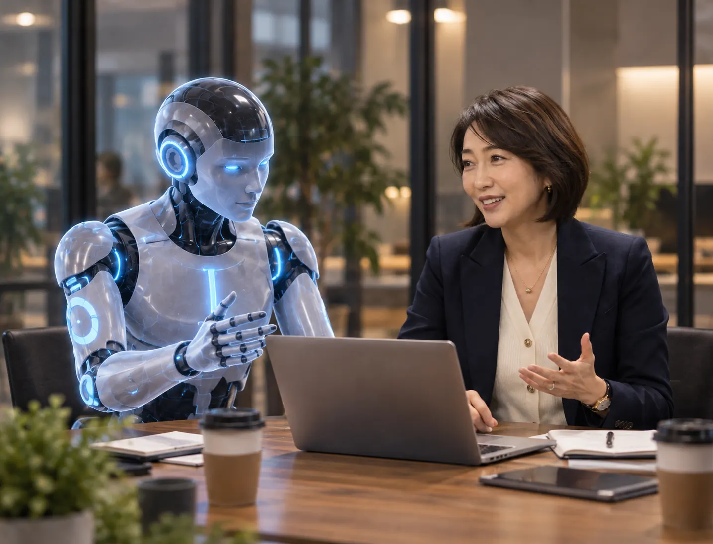 AIと向き合い、笑顔で相談をしながら仕事を進める女性経営者