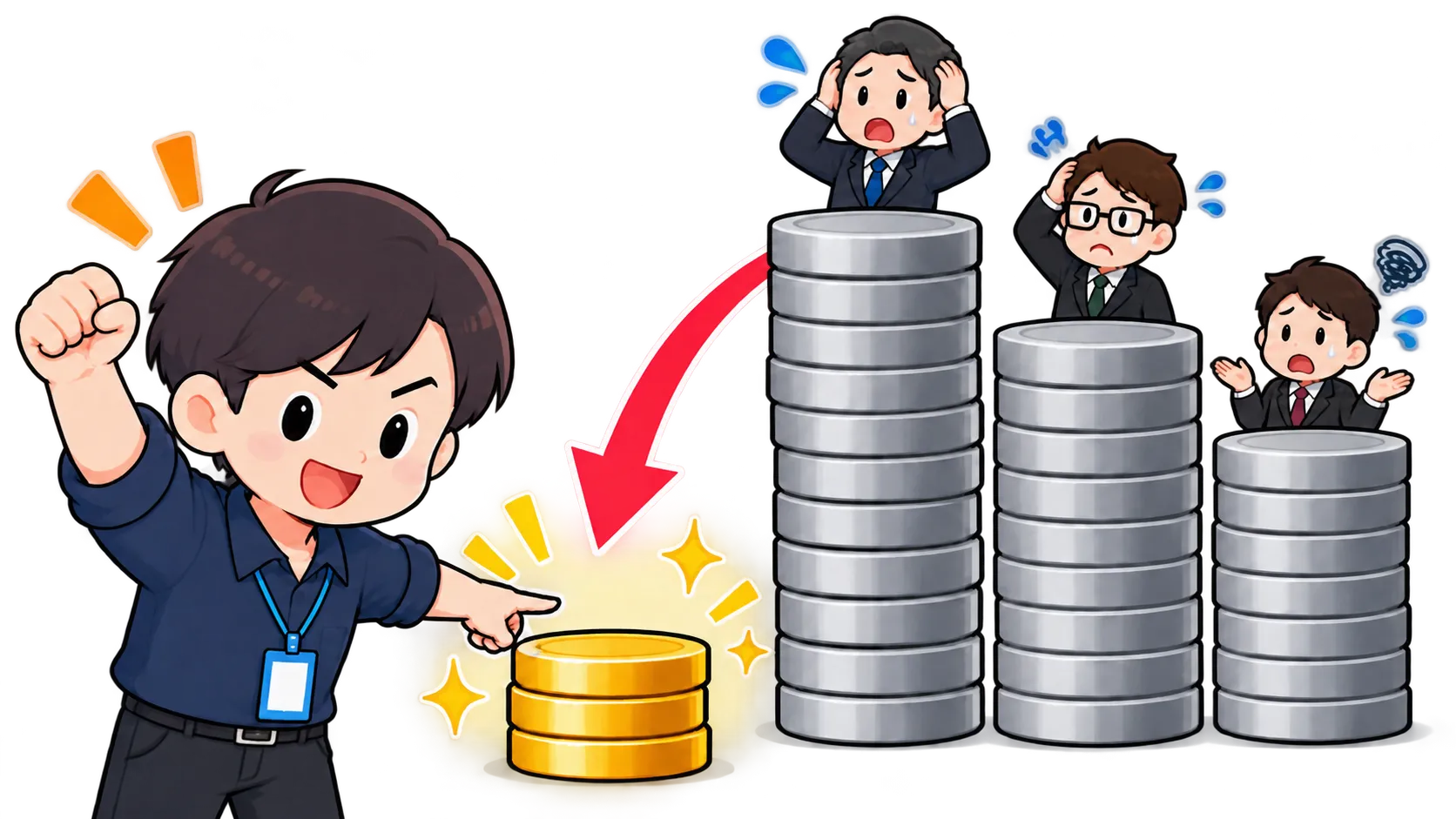 高く積まれた他社の費用に頭を抱える人たちと、少ない費用で済んで喜ぶ担当者