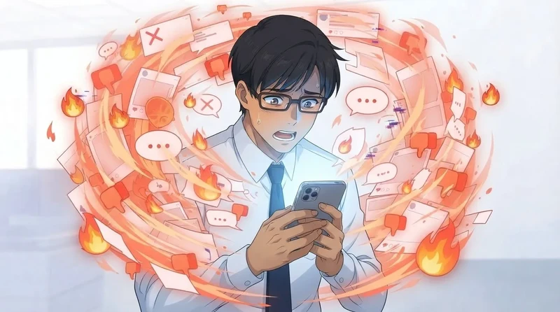 スマートフォンの画面から批判のコメントが炎のように広がり、青ざめる男性