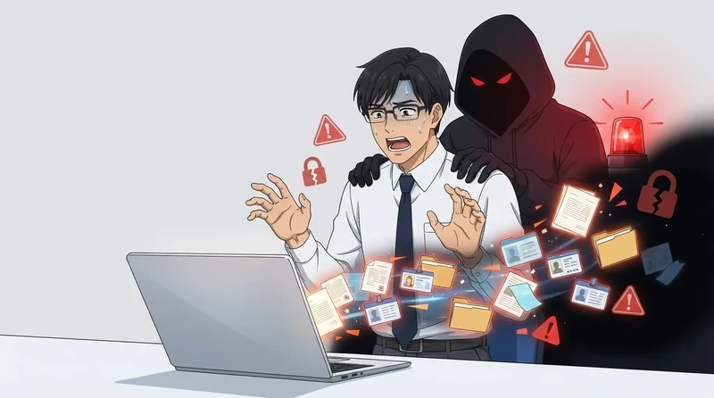個人情報の書類やファイルが流出し、背後のハッカーに慌てる男性